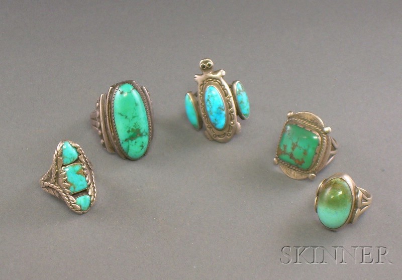 Appraisal: Five Southwest Silver and Turquoise Rings Navajo th century various