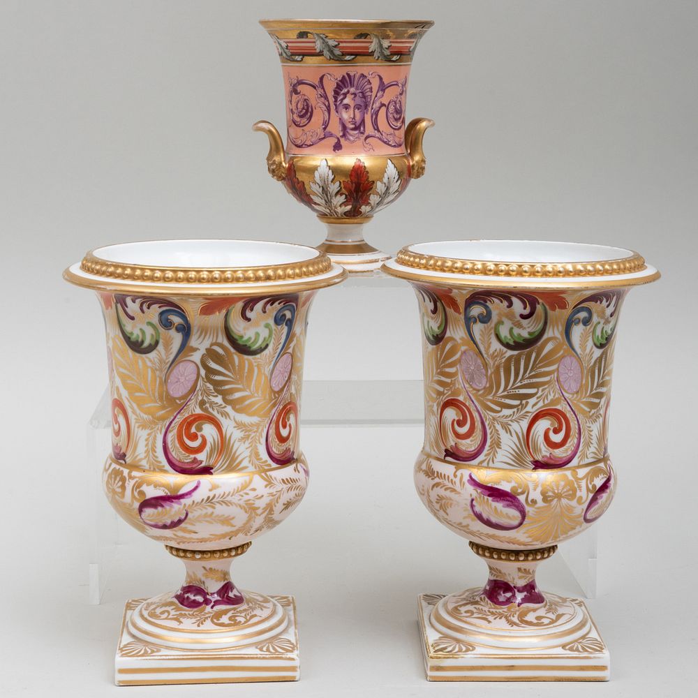 Appraisal: Pair of Derby Porcelain Vases and a Smaller Vase The