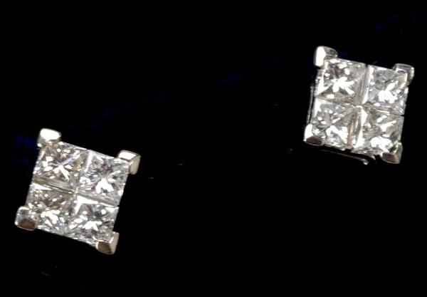 Appraisal: INVISIBLY SET DIAMOND EARRINGS Each k wg earring set with