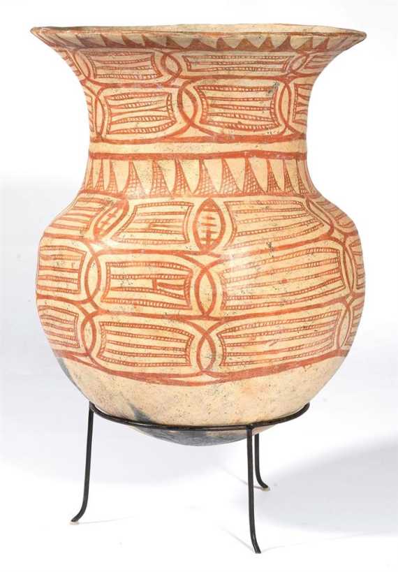 Appraisal: A LARGE PAINTED POTTERY VESSEL DECORATED WITH LINEAR DESIGN Vietnam