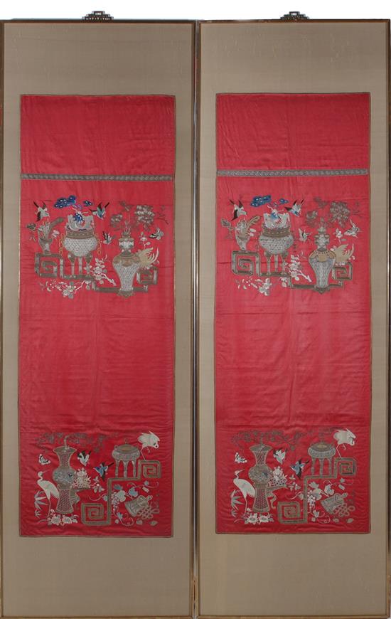 Appraisal: Pair Chinese embroidered silk panels Qing dynasty crimson silk panels