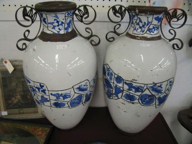 Appraisal: Pair of Chinese Porcelain Vases iron handles blue decoration