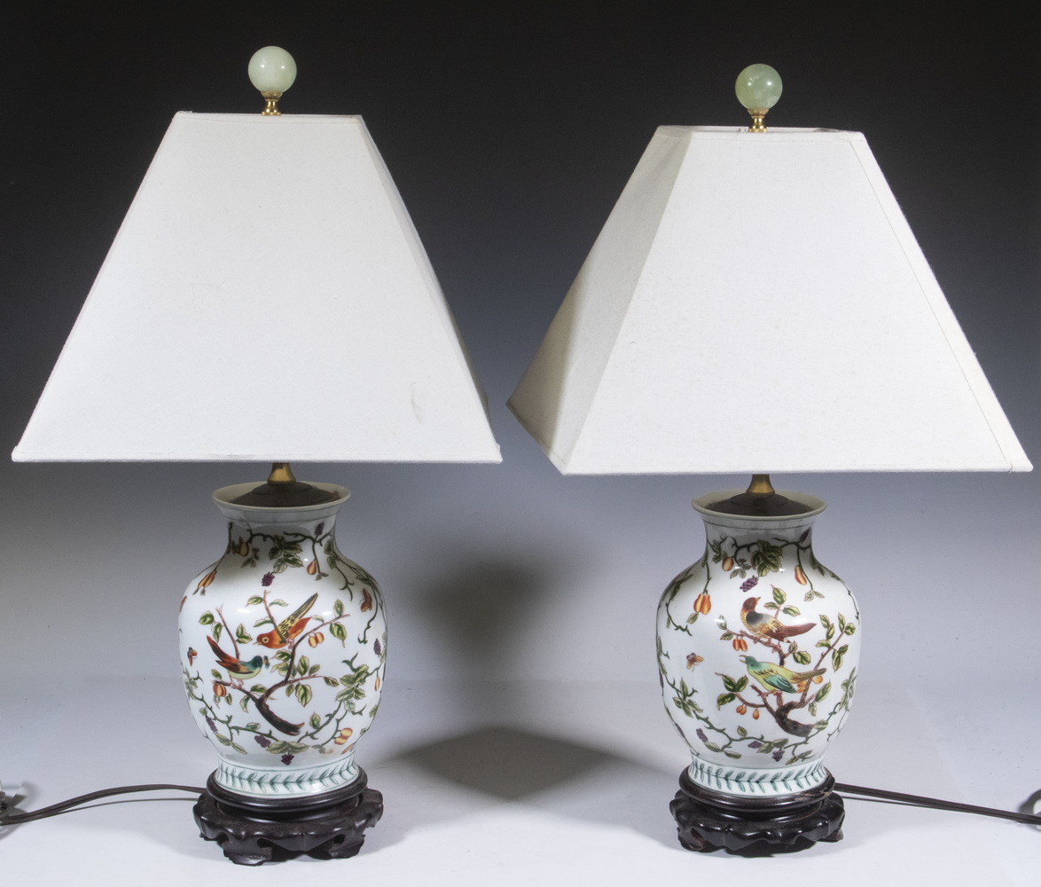 Appraisal: PR PORCELAIN TABLE LAMPS WITH SHADES Pair of Asian Style