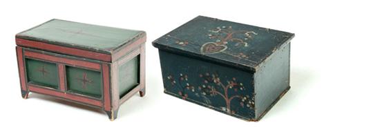 Appraisal: TWO MINIATURE DECORATED CHESTS American th century pine Miniature panel