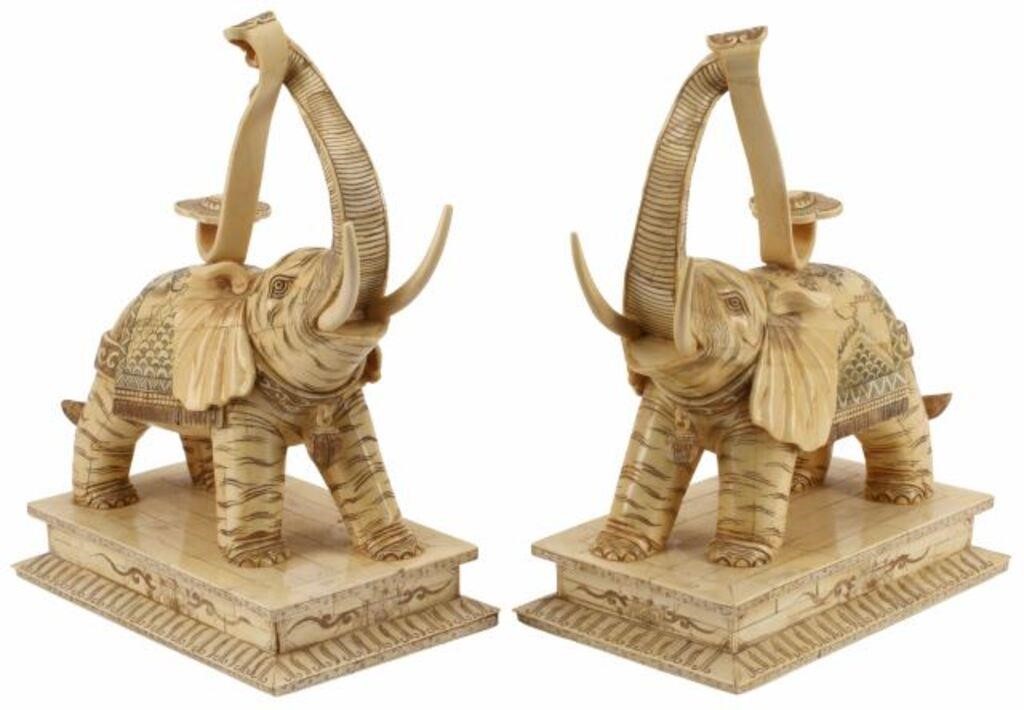 Appraisal: pair Asian bone-tiled elephants approx h l w lbs total