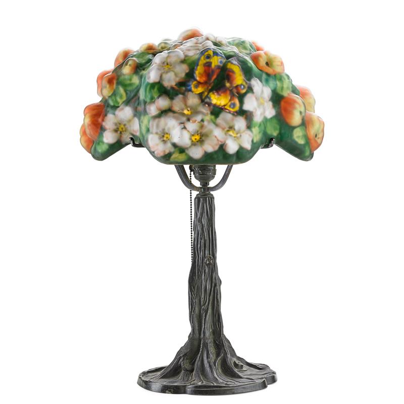 Appraisal: PAIRPOINT Puffy table lamp Apple Blossom shade Condition Report A