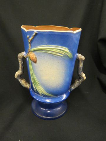 Appraisal: Roseville Pottery Pinecone Vase blue large twig style handles -