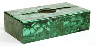 Appraisal: Malachite White Marble Tissue Box The malachite exterior opening to