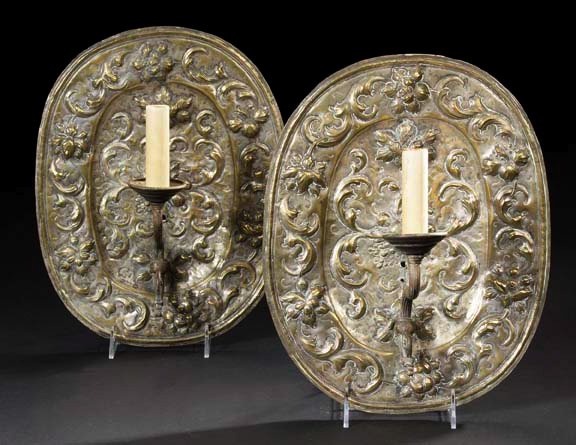 Appraisal: Pair of English Silvered Repousse Brass Sconces fourth quarter th