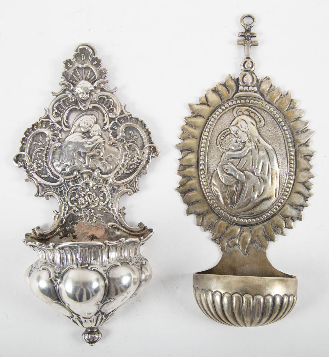 Appraisal: Two German silver holy water fonts of Blessed Mother and