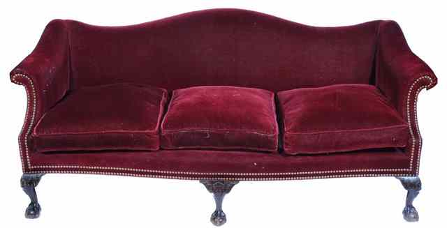 Appraisal: A GEORGIAN STYLE CAMEL BACK PURPLE DRAYLON UPHOLSTERED THREE SEATER