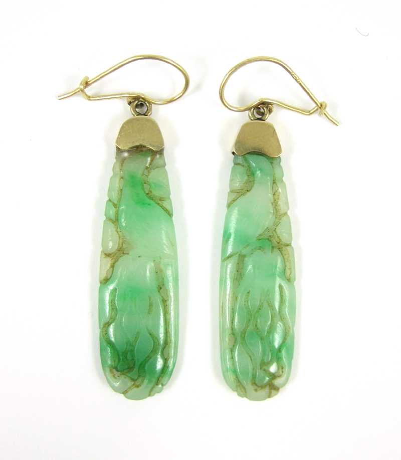 Appraisal: PAIR OF JADE AND FOURTEEN KARAT GOLD EARRINGS each drop