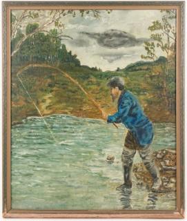 Appraisal: American School Fishing Oil on Board American School th century