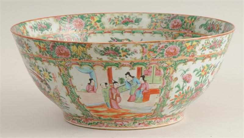 Appraisal: CANTON ROSE MEDALLION PORCELAIN PUNCH BOWL Enameled with figures birds