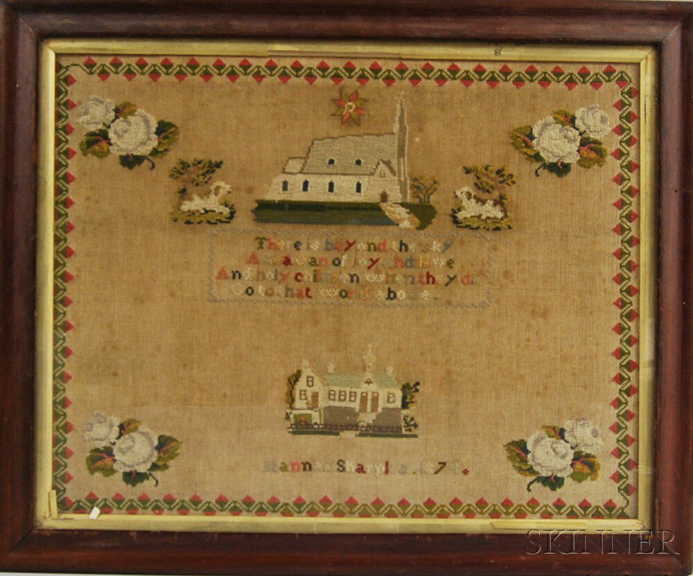 Appraisal: Framed Needlework Sampler Hannah Sharples America with wool stitching on