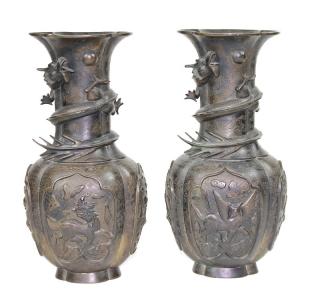 Appraisal: Pair Japanese Bronze Dragon Vases Pair Japanese Bronze Dragon Vases