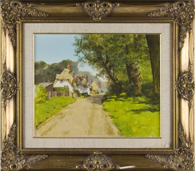 Appraisal: John Haskins Br b Thatched Cottages oil on masonite signed