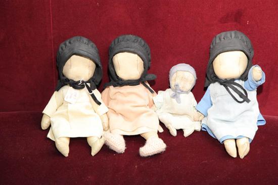 Appraisal: FOUR AMISH MADE LEATHER DOLLS All babies With blue and