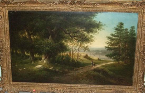 Appraisal: Schlugg wooded landscape with two figures crossing a bridge signed