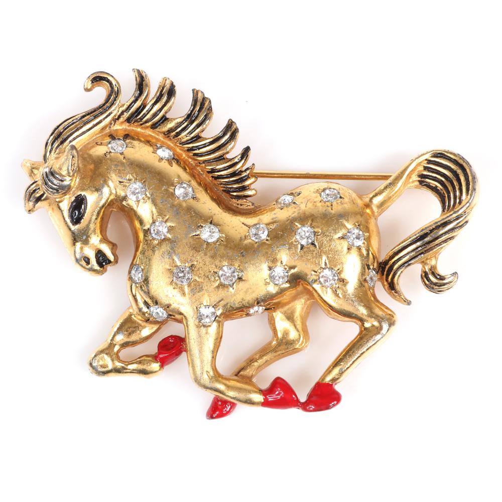 Appraisal: EISENBERG ORIGINAL FIGURAL GOLD PLATED PRANCING HORSE BROOCH WITH INCISED