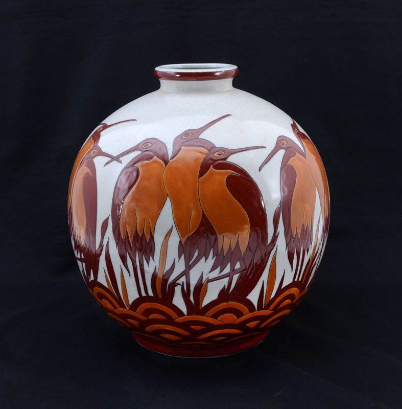 Appraisal: KERALOUVE LA LOUVIERE LARGE STORK VASE Globe form vase with