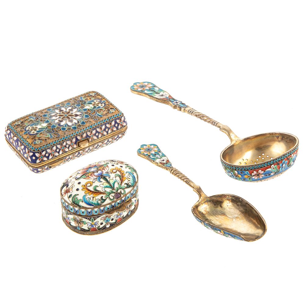 Appraisal: Four Russian Silver Cloisonne Enamel Objects Late th-early th century