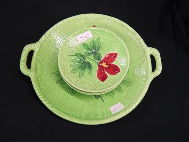 Appraisal: German Majolica Pottery Dessert Set floral on green basketweave design