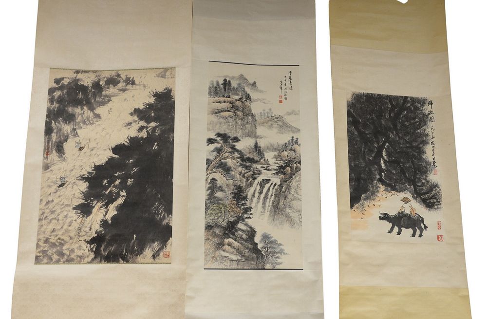 Appraisal: Three Oriental scrolls watercolor of large river valley x watercolor