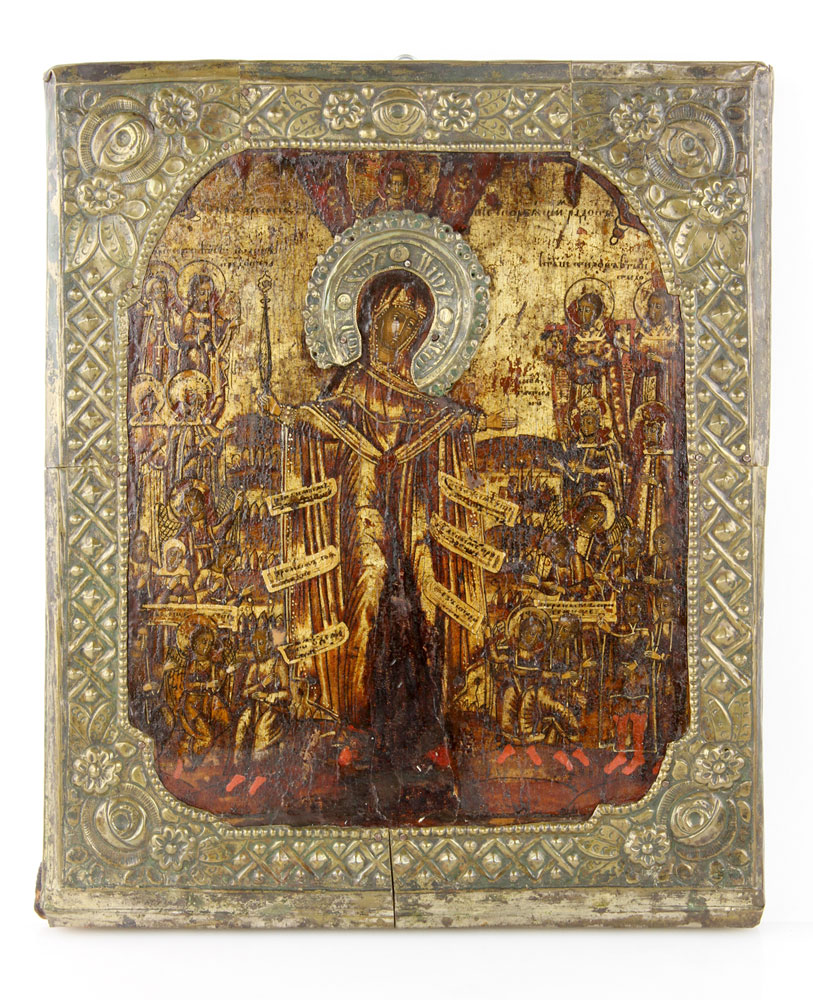 Appraisal: - Russian Painted Icon Russian icon painted wood with brass