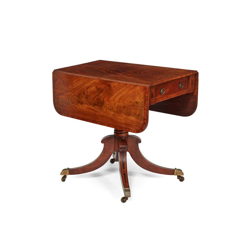 Appraisal: LATE GEORGE III MAHOGANY SATINWOOD AND INLAY PEDESTAL DROP-LEAF TABLE