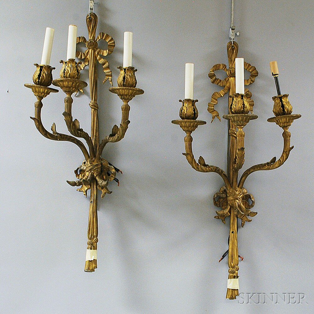 Appraisal: Pair of Louis XVI-style Gilt-bronze Three-light Wall Sconces electrified lg