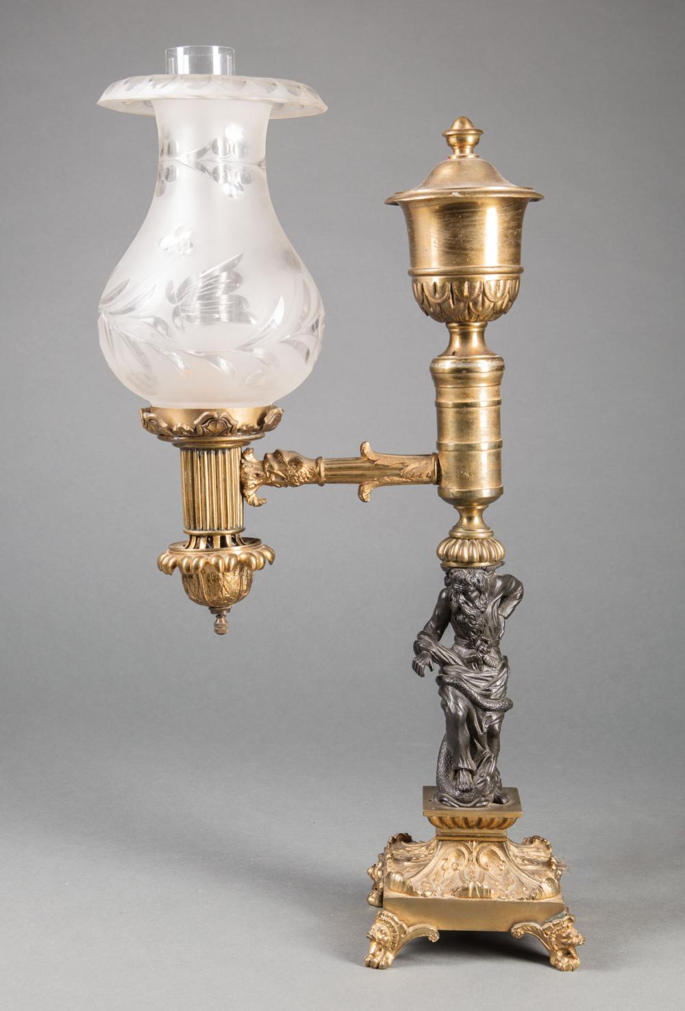 Appraisal: English Gilt and Patinated Bronze Single-Arm Figural Argand Lamp c