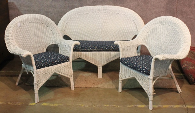 Appraisal: Three-Piece Painted Wicker SetWhite with blue floral print cushions Including