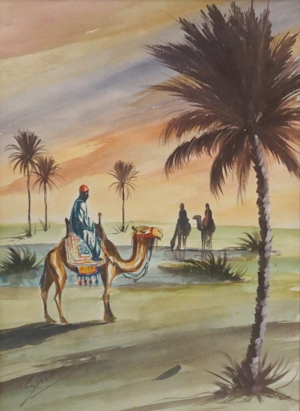 Appraisal: Middle Eastern School th Century Camels and Riders at Oasis