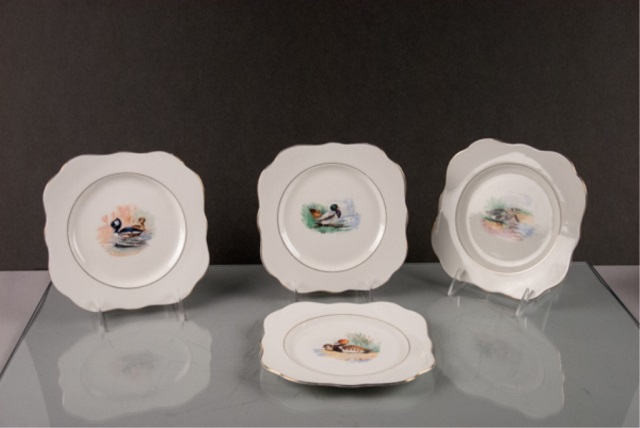 Appraisal: Four Duck Goose Dessert Plates square Marked M R Bone