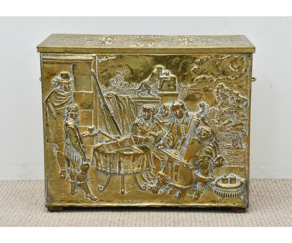 Appraisal: Continental brass kindling box with musician scene th c stamped