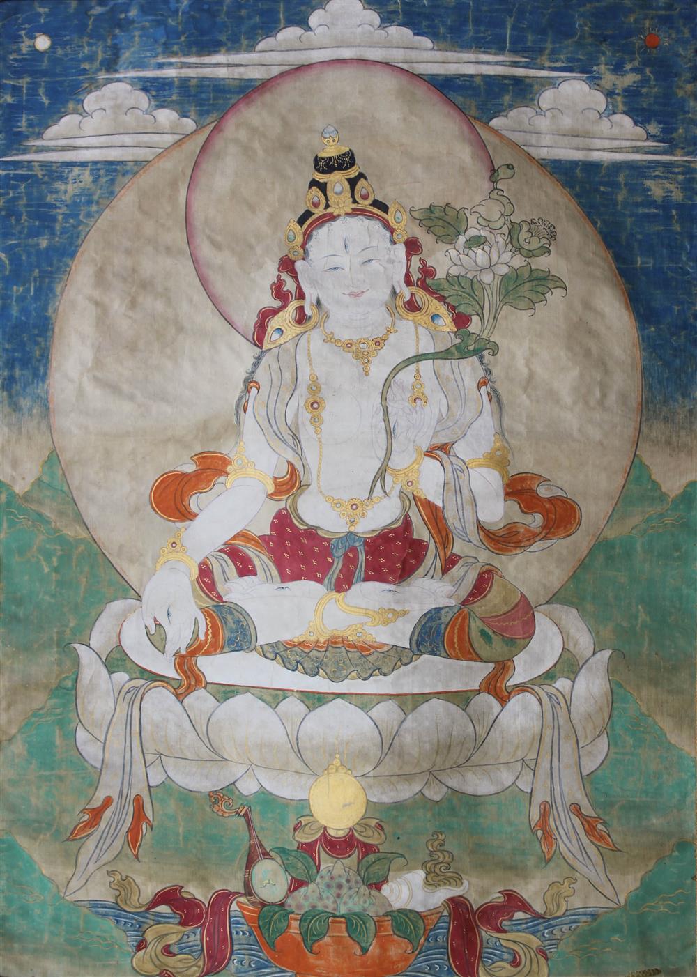 Appraisal: SINO-TIBETAN THANGKA with a large central image of the Buddha