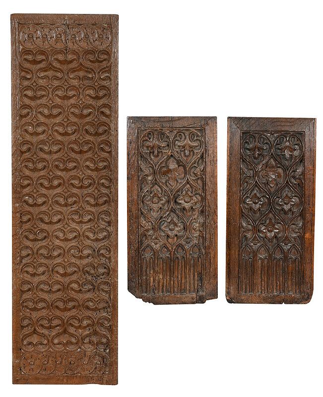 Appraisal: Three Gothic or Gothic Style Carved Oak Panels Continental possibly