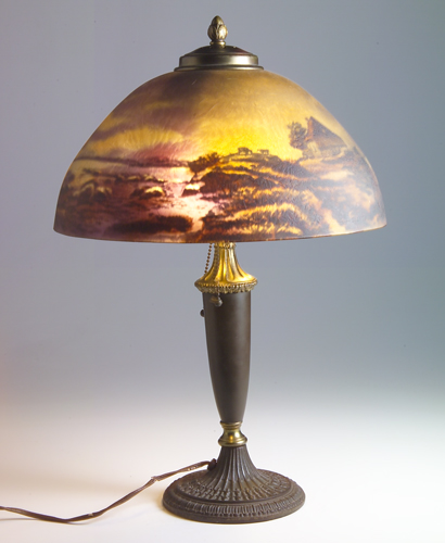 Appraisal: STYLE OF HANDEL Table lamp its reverse-painted acid-etched glass shade