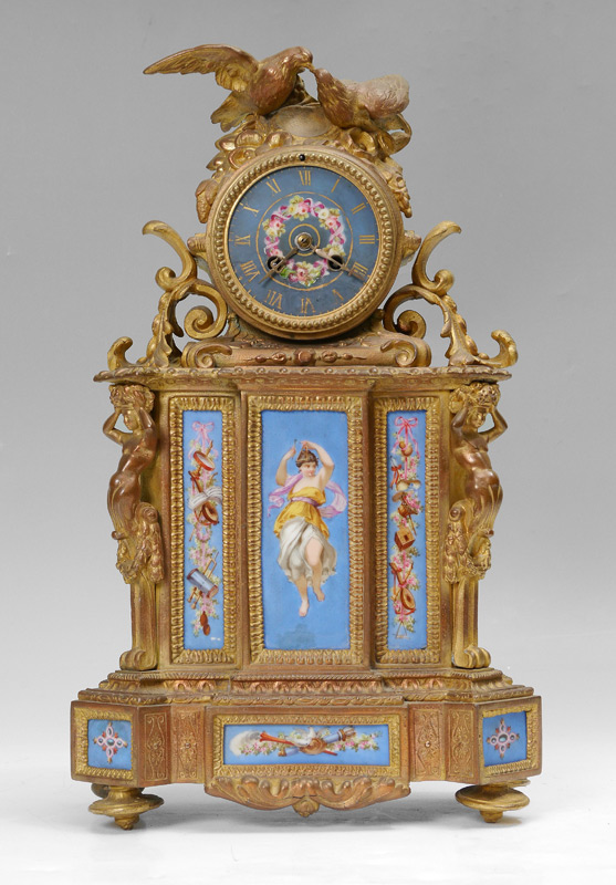 Appraisal: FRENCH FIGURAL GILT BRONZE MANTLE CLOCK Gilt bronze case finial