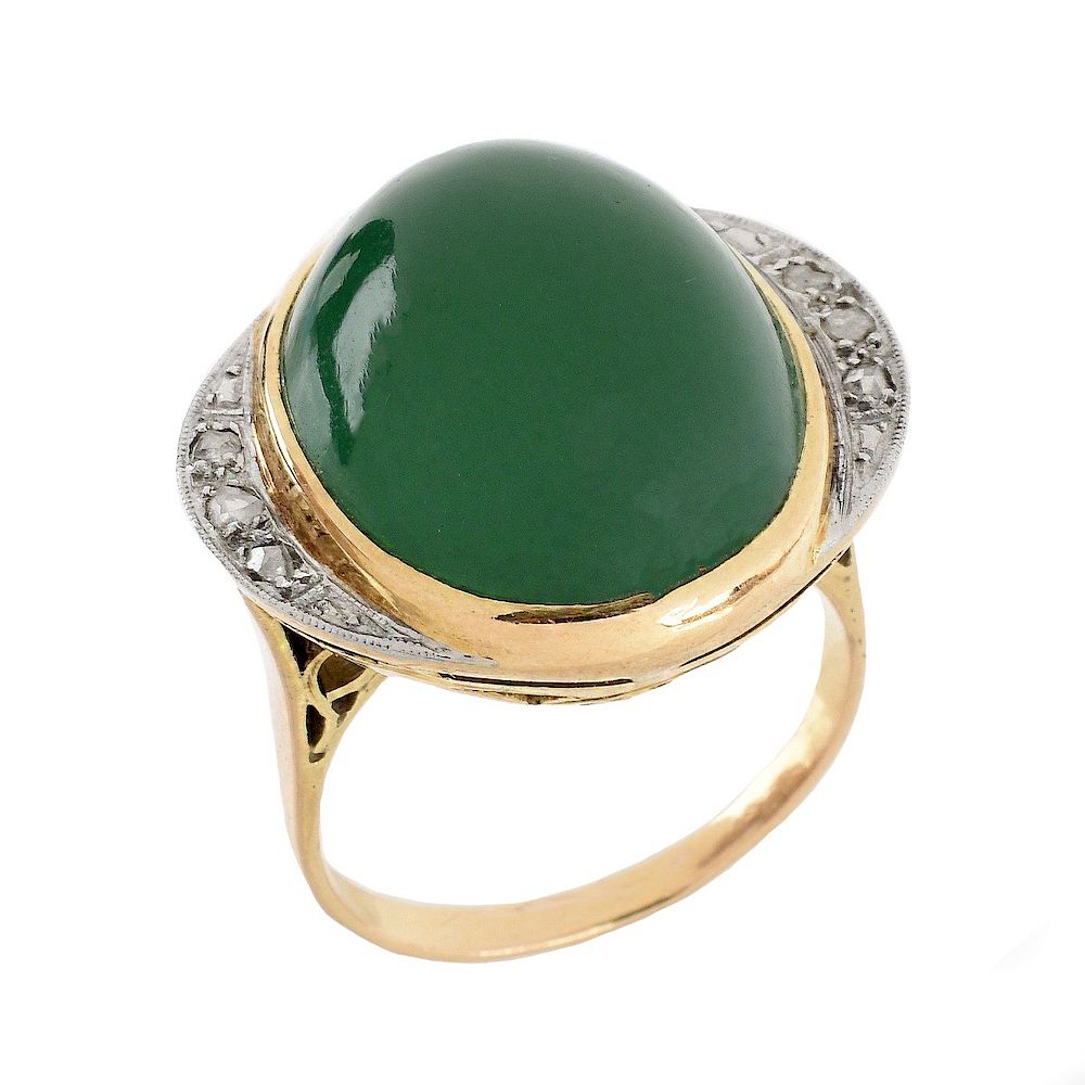 Appraisal: Chrysoprase Diamond and K Ring Antique Oval Cabochon Chrysoprase Rose