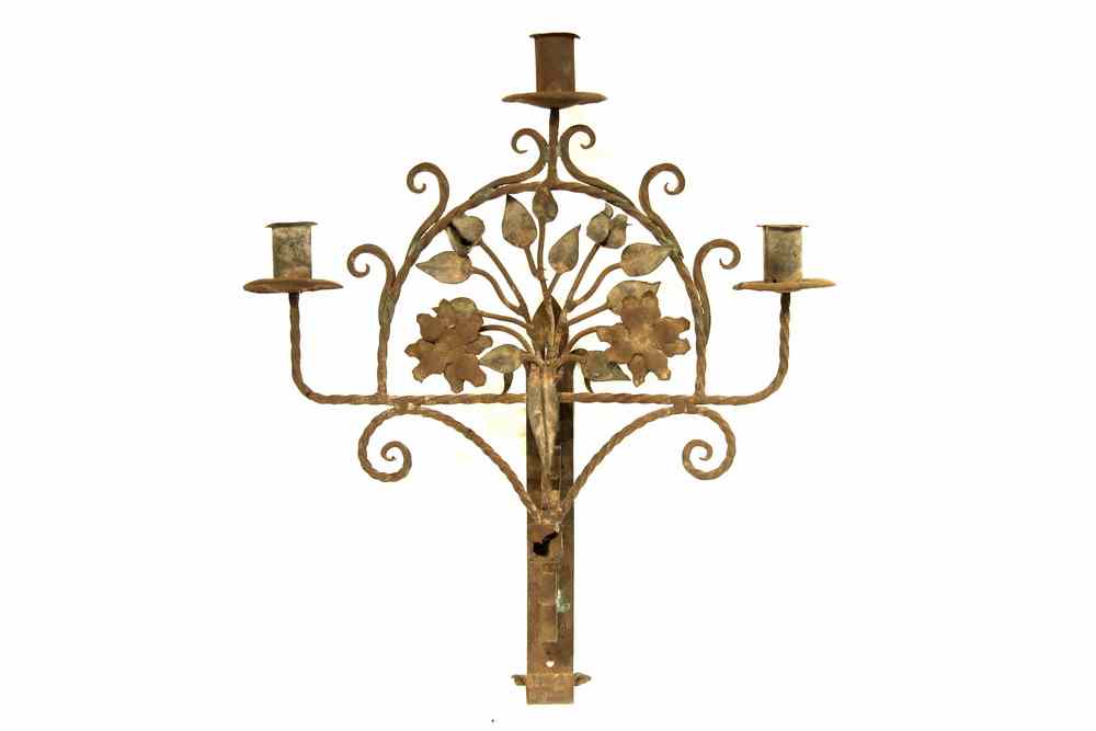 Appraisal: WROUGHT IRON CANDLE SCONCE - Wrought Iron Three-Arm Exterior Candle