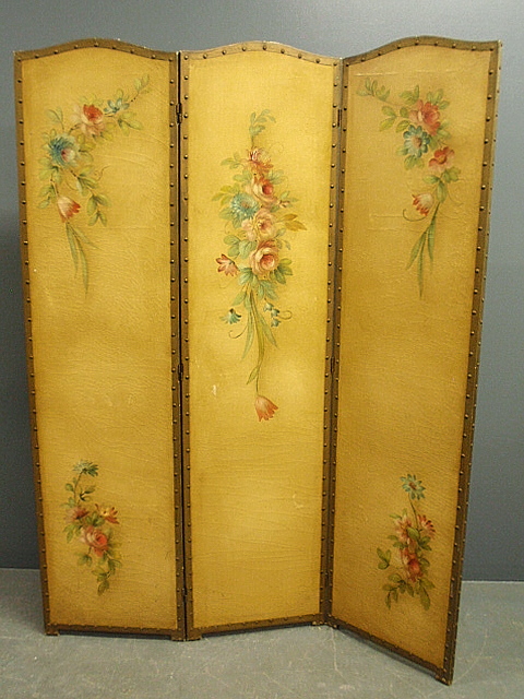 Appraisal: - Three-part room screen with floral paint decoration early th