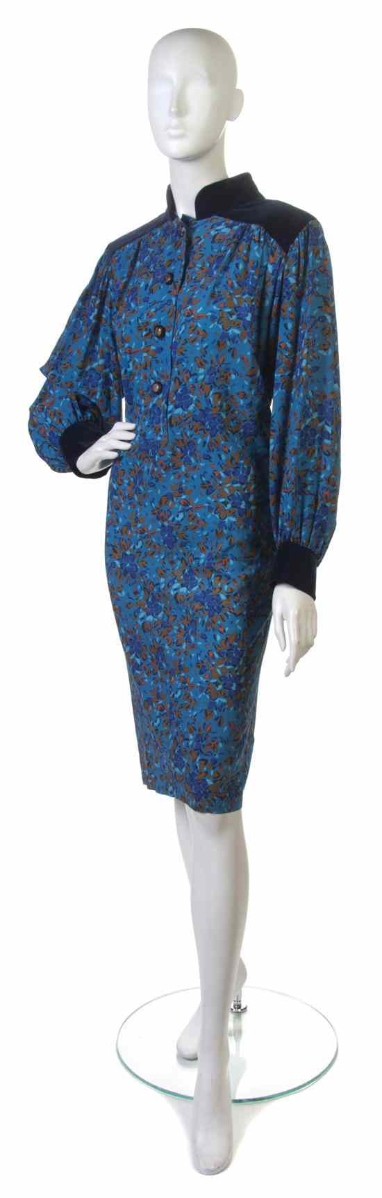 Appraisal: An Yves Saint Laurent Wool Floral Dress with blue velvet