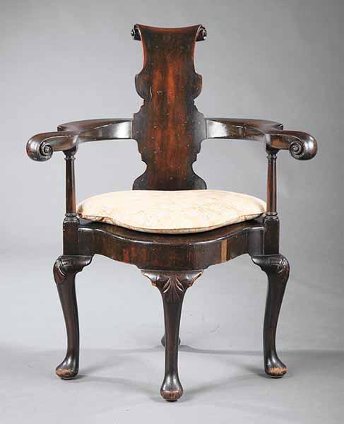 Appraisal: An Antique Queen Anne-Style Mahogany Barber Chair the scrolled chamfered