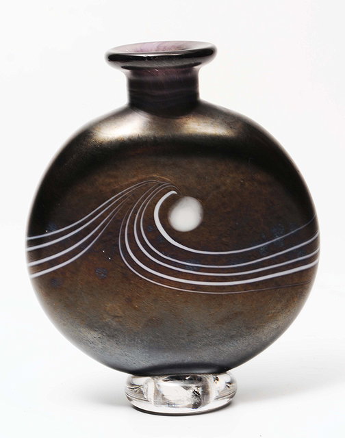 Appraisal: An iridescent flattened glass flask by David Wallace of bronzed