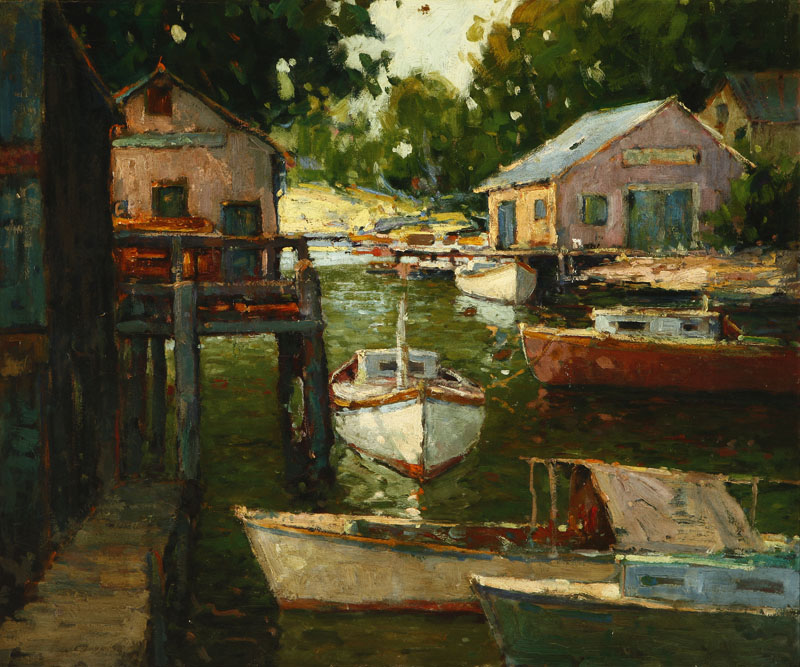 Appraisal: California School California SchoolBoats and boathouses unsigned oil on canvas