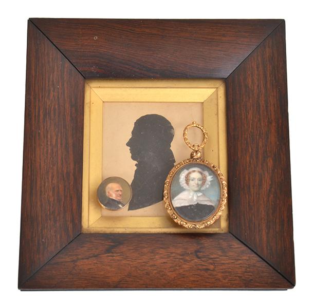 Appraisal: TWO IVORY PORTRAIT MINIATURES AND A FRAMED SILHOUETTE TH CENTURY