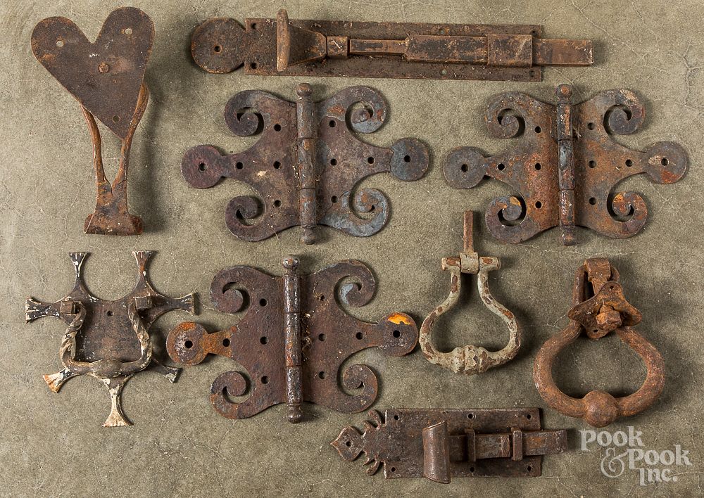 Appraisal: Antique iron door latches knockers and hinges Antique iron door