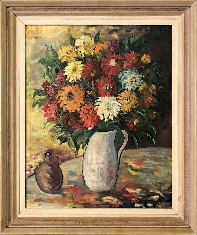 Appraisal: Maggy Monier Oil on Canvas of Vase with Flowers Maggy